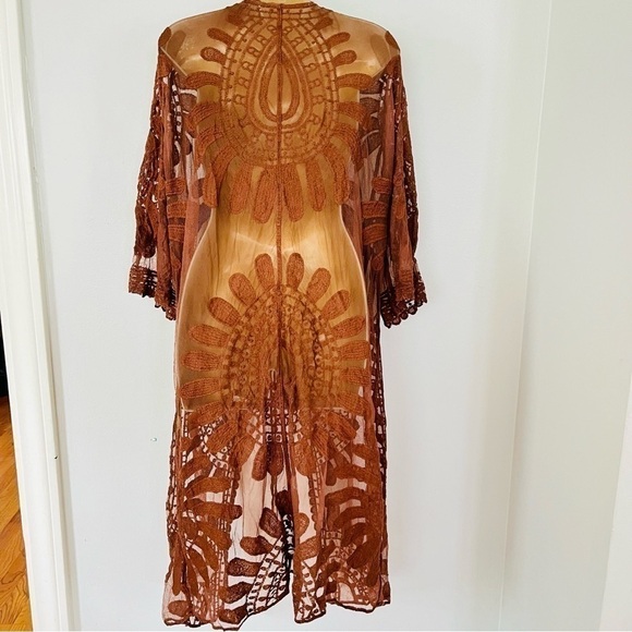 Bohemian embroidered long kimono swim cover up sheer cardigan boho - Picture 1 of 4